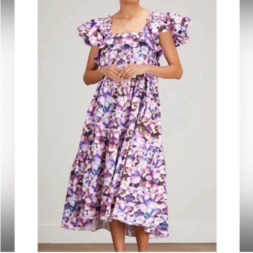 Kika Vargas SMALL Cecily flutter sleeve tiered midi dress in purple floral - Picture 3 of 9
